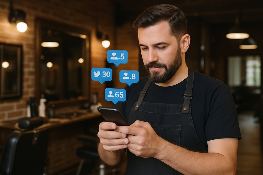 Barbershop owner checking social media engagement on smartphone Barbershop owner checking social media engagement on smartphone